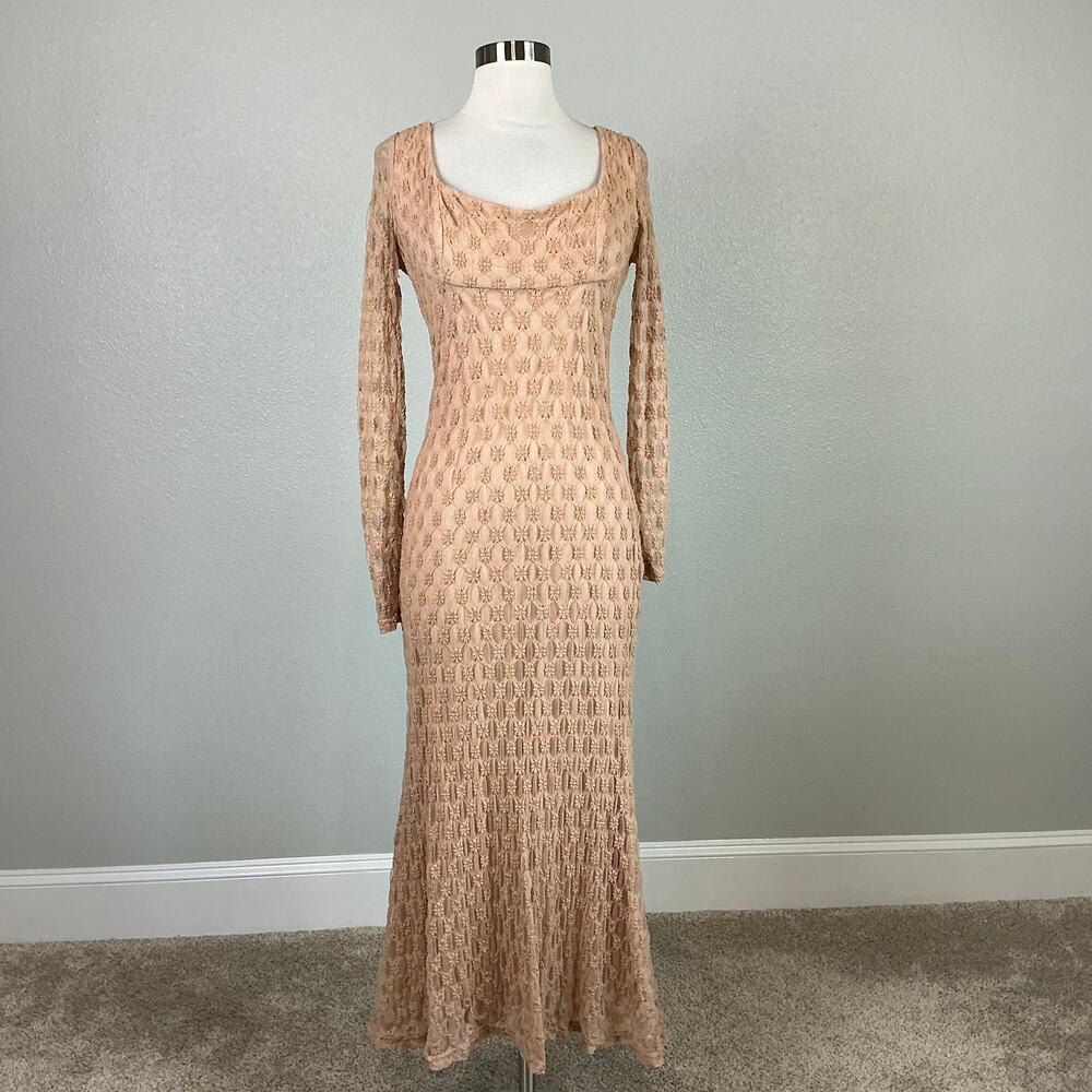 Bardot Beige Cocktail Dress Adoni Floral Lace Long Sleeve Midi Sheath Size 10 - Picture 2 of 13